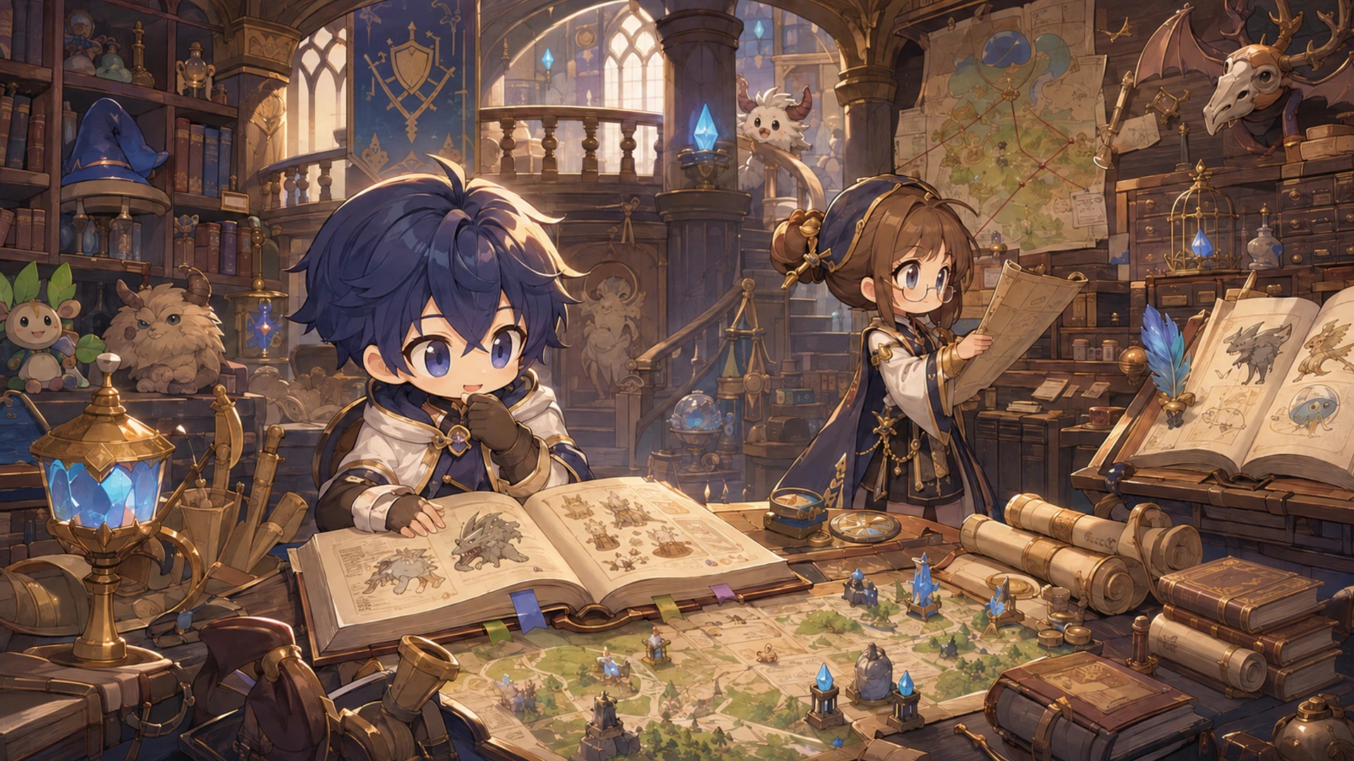 Arquivo fantástico com livros, mapas e estudiosos de Rune-Midgard